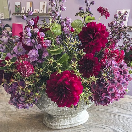 Lilac color delphinium and hydrangeas mixed with burgundy dahlias and scabiosa with green rose hips and blue berries in a silver metal container.