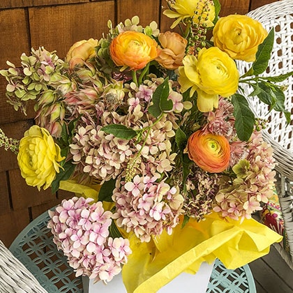 A wonderful flower delivery to Berkeley of summer hydrangeas, blushing bride proteas and yellow and orange ranunculus.