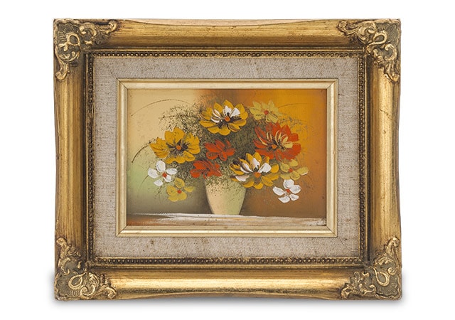 A lovely miniature painting of zinnias in a ceramic vase in a gilded frame.