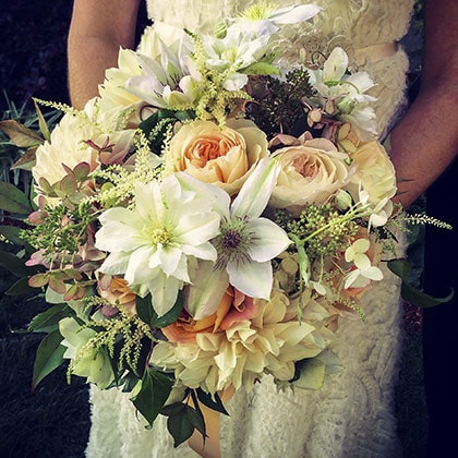 Hand-tied wedding bouquet captured a late August vibe featuring two shades of David Austin roses, cream color Astilbe, lovely white clematis, a few antique hydrangeas, Café au Lait dahlias and nandina foliage.