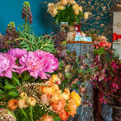 Spring flowers are in full bloom at the flower shop.